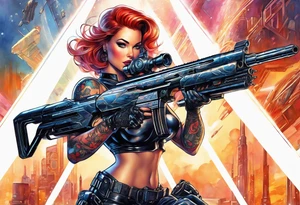 cyborg pinup girl holding massive weapon, retro futurism, no tattoos tattoo idea