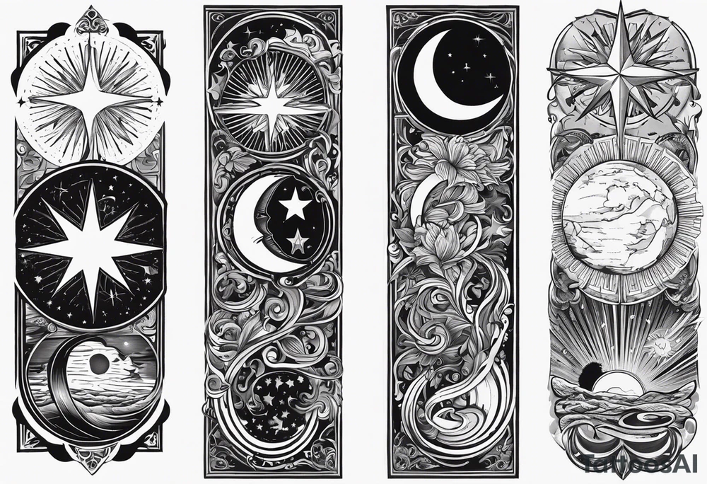 Collage for full left arm sleeve with:
a sun with a quarter moon,
2 stars,
bass guitar,
caduceus symbol tattoo idea
