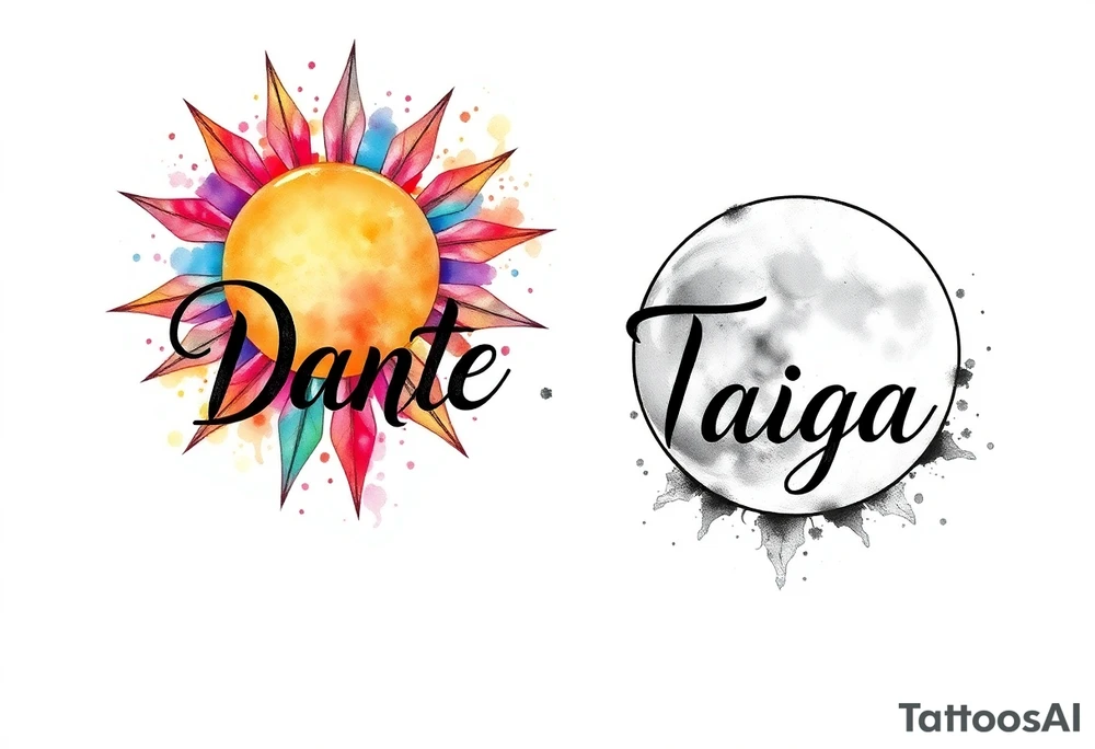 The name "Dante" in the sun and the name "Taiga" in the moon tattoo idea