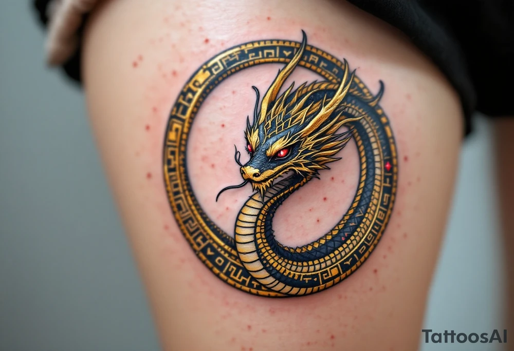 A golden dragon Ouroboros snake forming cyrcle with ruby eyes, its body covered in ancient markings, resembling a divine entity. tattoo idea