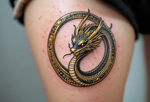 A golden dragon Ouroboros snake forming cyrcle with ruby eyes, its body covered in ancient markings, resembling a divine entity. tattoo idea