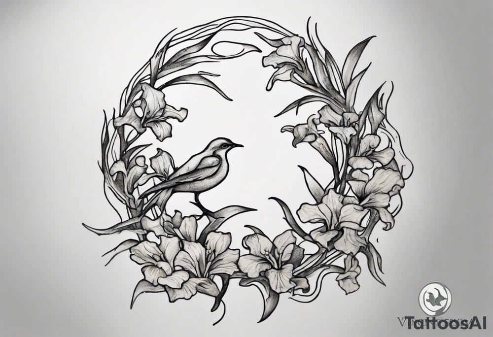 Create a small Vincent van Gogh Irises tattoo. The tattoo should take the form of a crescent, with vines gracefully intertwining at a central point in the middle of the wreath with a bird. The intended placement is on the upper chest. The overall design should be small in size while maintaining a delicate and artistic aesthetic. Pay attention to the graceful flow of the vines and the placement of the irises to achieve a refined and elegant look. tattoo idea