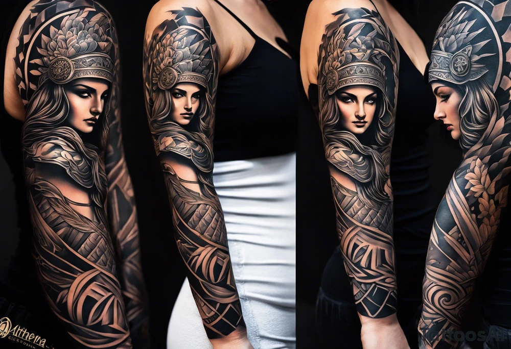 A full tattoo sleeve inspired by Greek mythology, centered around the Greek goddess Athena. Athena is portrayed with a strong, commanding presence, symbolizing wisdom, strength, and warfare. The design emphasizes bold, clean lines with a focus on sharp contrasts, creating a powerful and dynamic visual impact. Surrounding Athena, incorporate a mandala effect with geometric patterns that evoke a sense of order and strategy, reflecting her role as a warrior goddess. The sleeve also features masculine elements such as a fierce owl with piercing eyes, an ornate warrior’s helmet, and olive branches intertwined with Spartan-style armor, all seamlessly integrated into the design. The overall aesthetic is strong, rugged, and heroic, capturing the essence of Athena’s wisdom and martial prowess in a way that resonates with a masculine energy tattoo idea
