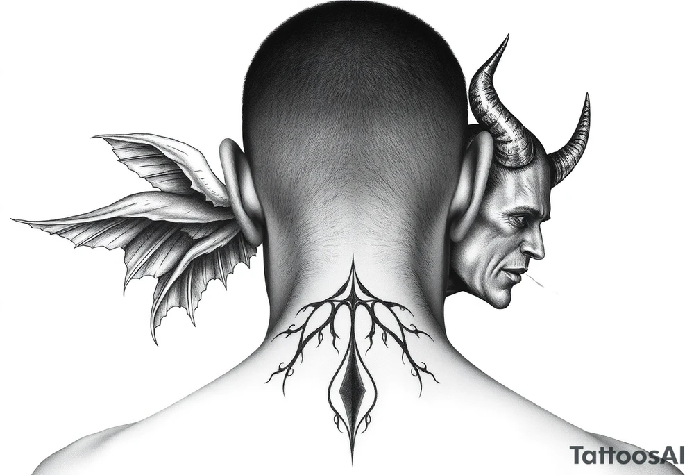 position behind the neck Angel (on the right) whispering in the right ear, demon (on the left) whispering in the left ear. It must be as realistic as possible. tattoo idea