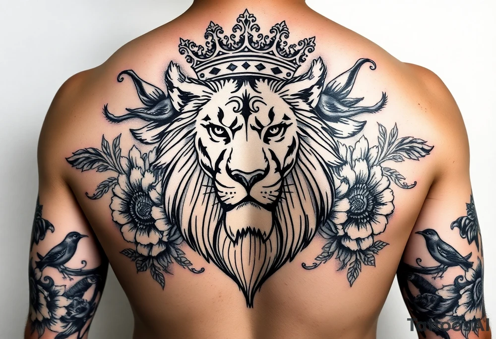 powerful majestic lion with a crown, surrounded by floral ornaments and birds tattoo idea