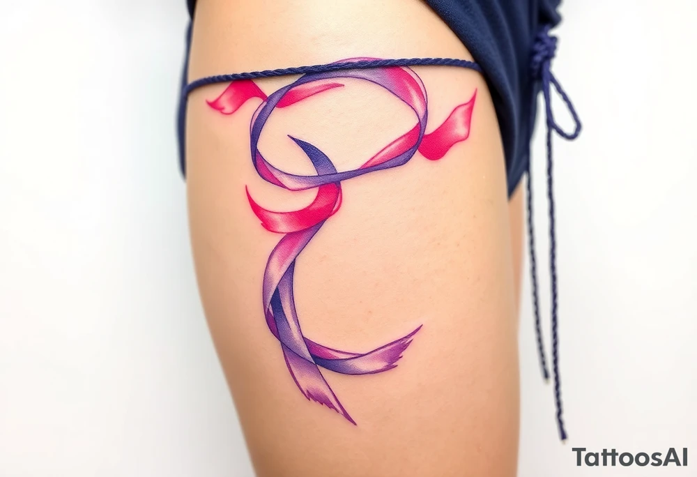 A watercolor-style garter tattoo with flowing ribbons in shades of pink and purple, blending seamlessly into the skin for a dreamy effect tattoo idea
