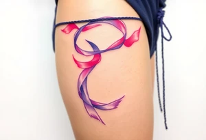 A watercolor-style garter tattoo with flowing ribbons in shades of pink and purple, blending seamlessly into the skin for a dreamy effect tattoo idea