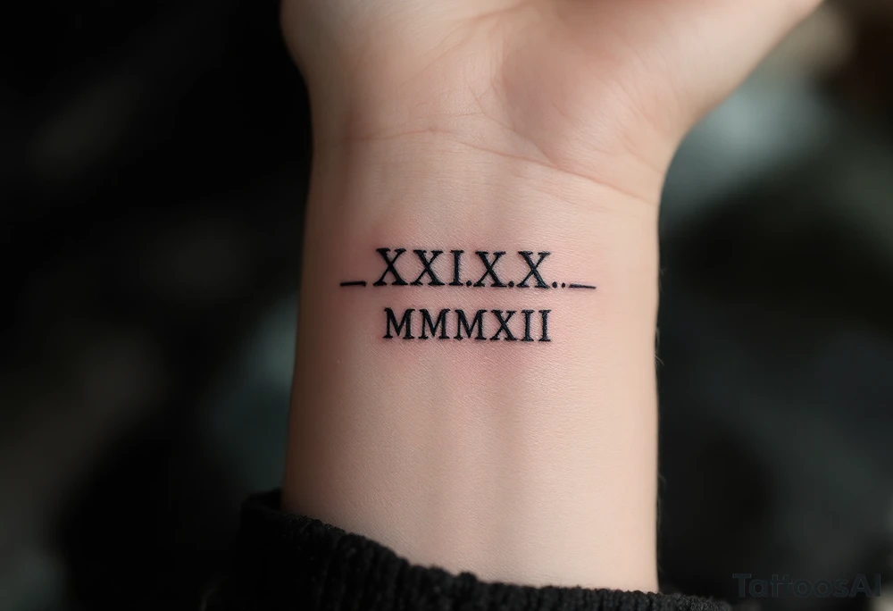 Elegant XXI.XI.MMXII in dark gray ink across the ribs, styled with subtle shadowing for a stone-carved effect. tattoo idea