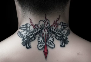 deepfull description of details with clouds,fire guns, money,angels and red tattoo idea