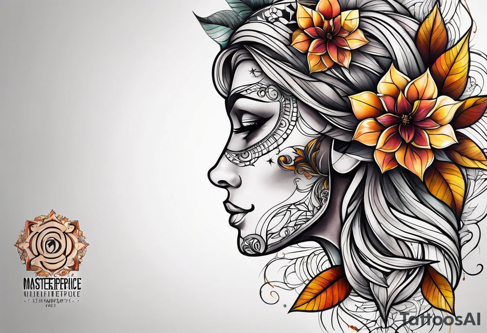 knee tattoo with sacred geometry, skull, swirls & washes in background in fall colors tattoo idea