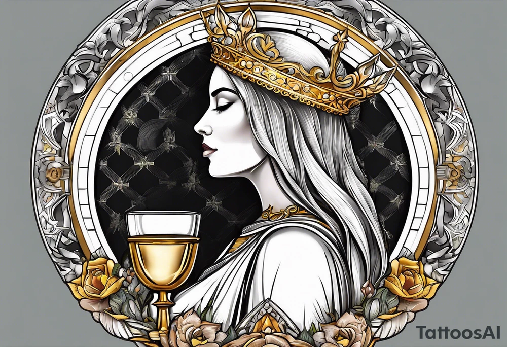 woman saint holding chalice surrounded by golden halo sideways tattoo idea