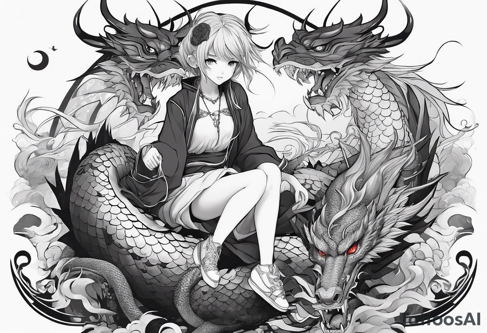 a full shot of an anime girl seen from far, sitting on a ball and surrounded by asian dragon with wings tattoo idea