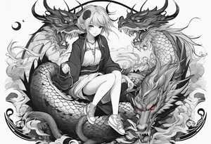 a full shot of an anime girl seen from far, sitting on a ball and surrounded by asian dragon with wings tattoo idea