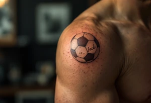 A vintage-style soccer ball shaded in sepia and brown tones with cursive lettering. tattoo idea