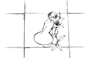 A simple tile floor. On top of the tile A curled figure with a lily next to her tattoo idea