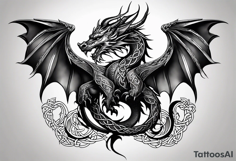 Celtic dragon tattoo with head on chest and tail that wraps over trapezius onto back tattoo idea