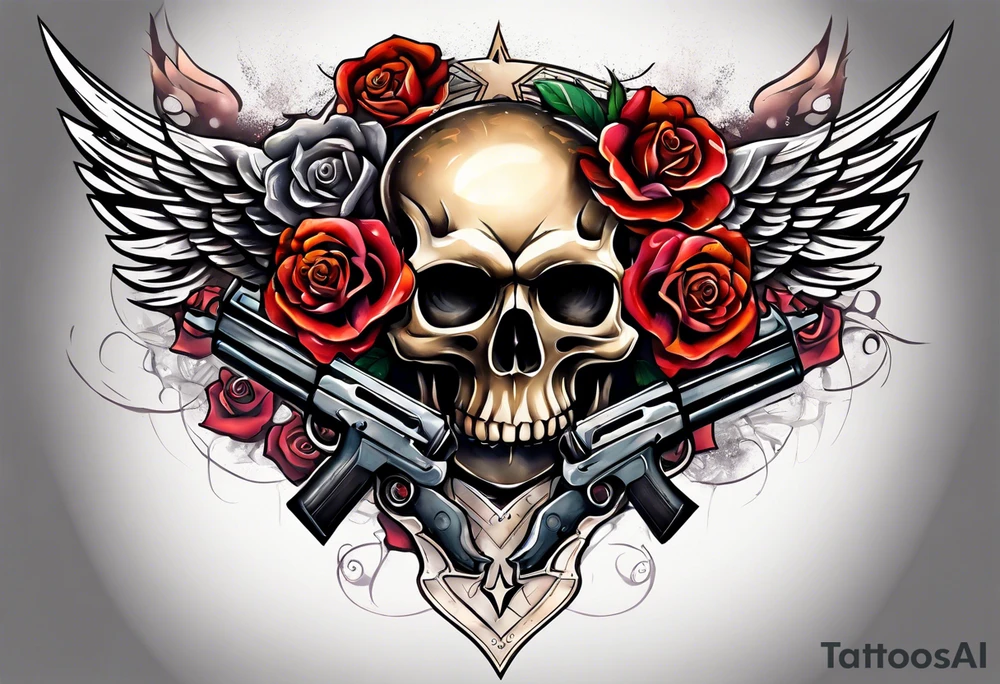 skull with a gun a  rose and dominated by a  heart with wings and  flames coming out of the top of it tattoo idea