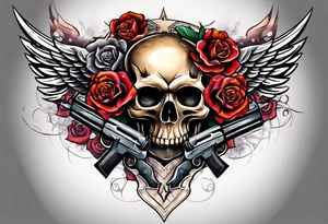 skull with a gun a  rose and dominated by a  heart with wings and  flames coming out of the top of it tattoo idea