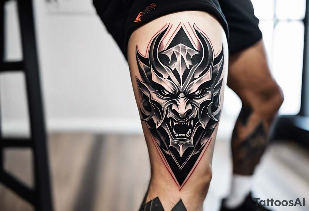 A tattoo designed for the knee, featuring the face of a demon with sharp, exaggerated features and an intense, expressive look. The design includes prominent white spaces for contrast and visual impact. Beams of light radiate outward from the demon’s eyes in a dynamic and dramatic pattern. The overall composition should feel bold and intricate, adapting naturally to the shape of the knee. tattoo idea