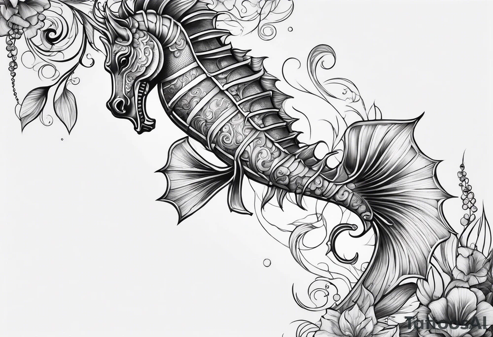 Seahorse arm tattoo with plants and sea life tattoo idea