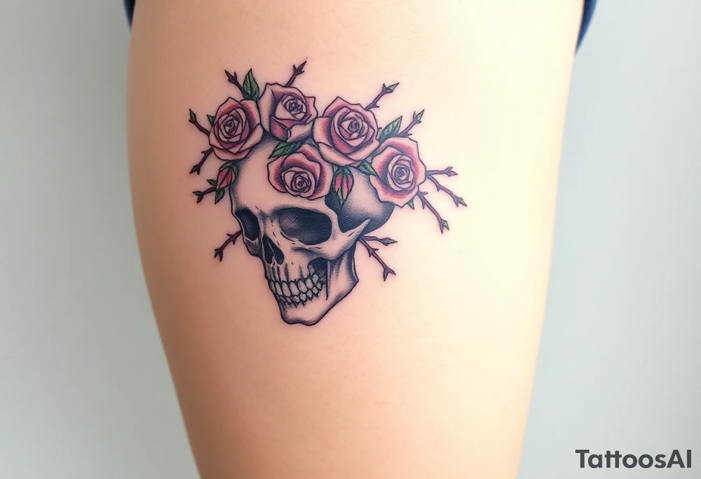 ornate skull adorned with crown of wild roses and thorns tattoo idea