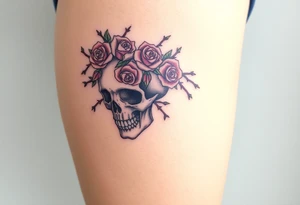 ornate skull adorned with crown of wild roses and thorns tattoo idea