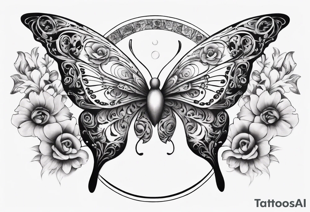 Butterfly wrap tattoos with large centre piece with moon and floral theme and heart. Bracelet around ankle show on higher ankle tattoo idea