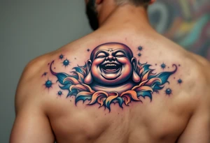 The Laughing Buddha – A joyful symbol of abundance and contentment, typically tattooed in black-and-gray realism or colorful neo-traditional style. tattoo idea