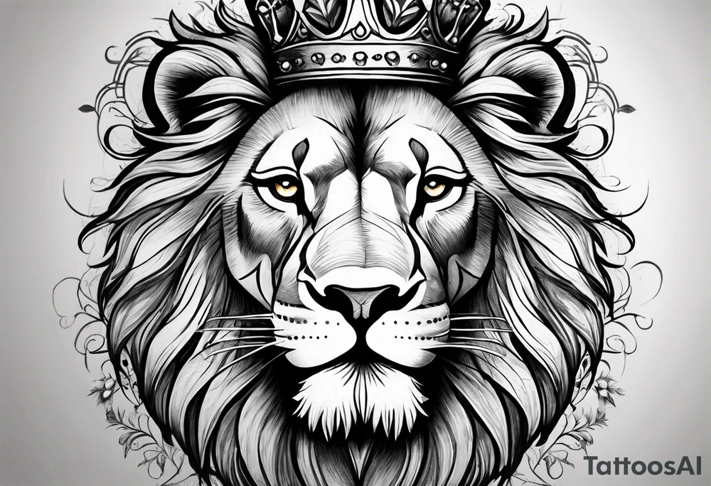 I want a detailed lion with a cross scar over his eye and a crown and the thorns on his head with maybe a little bit of floral work in the crown tattoo idea