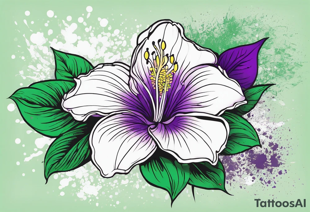 An outline of a rio dipladenia flower with a splatter green and purple background tattoo idea