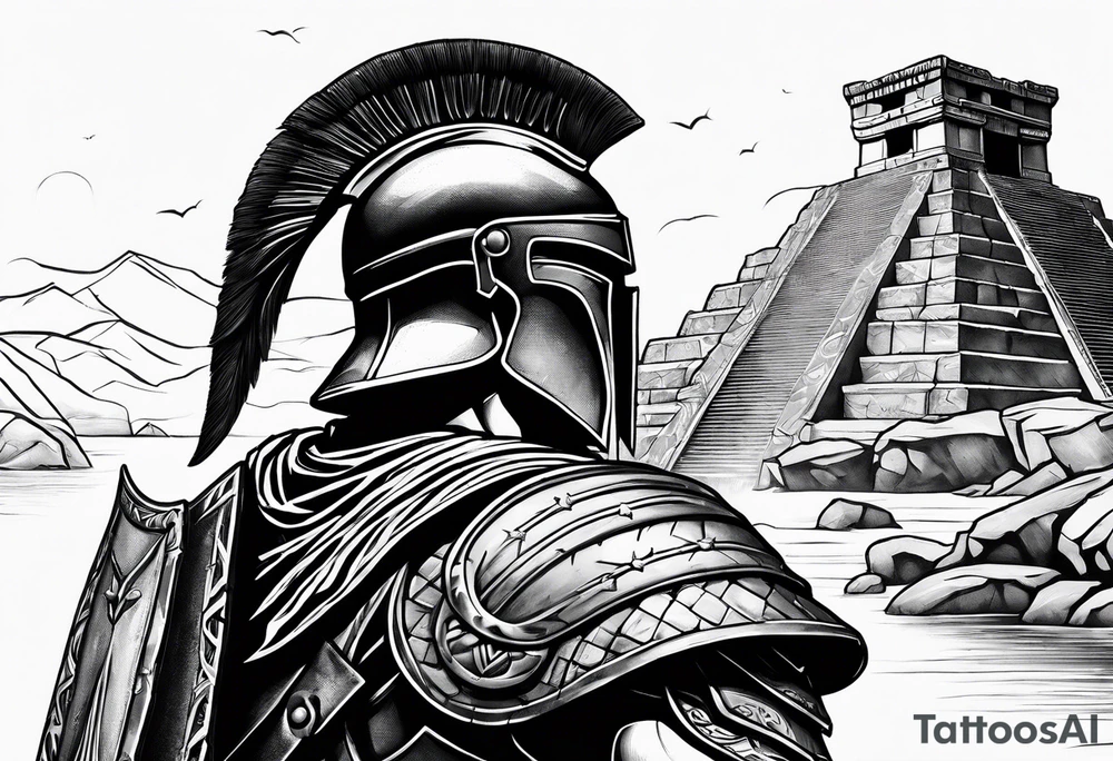 Close up of spartan solider face looking at distant ancient ruins tattoo idea