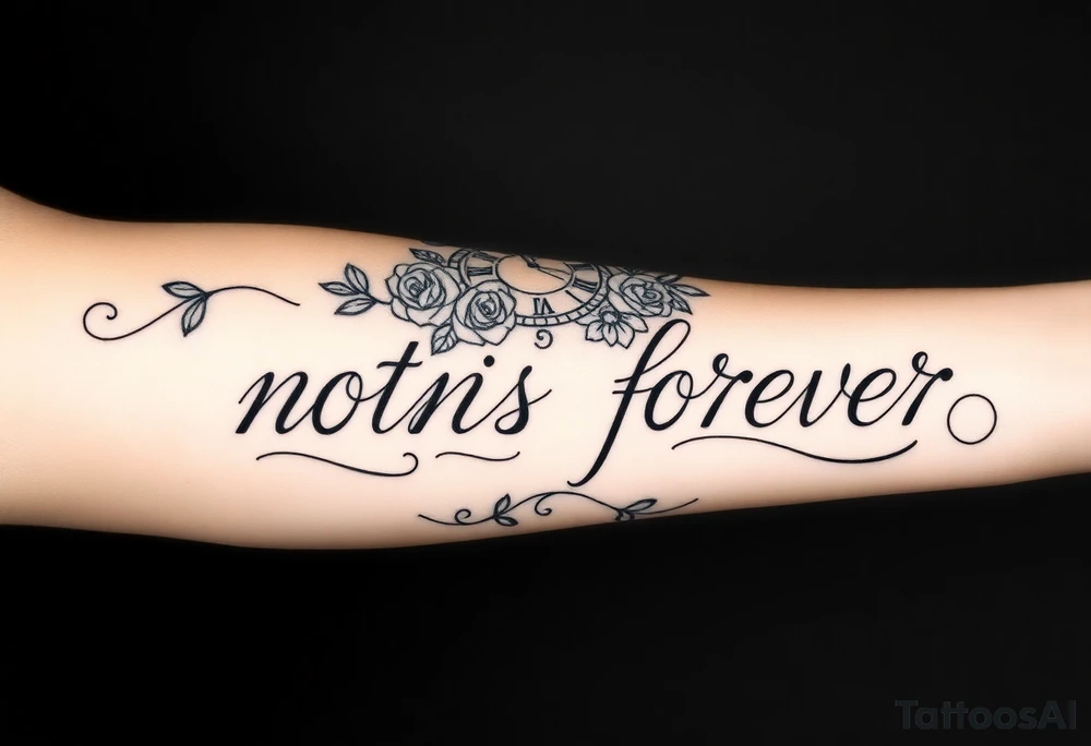 Roman clock with roses and a crown,  a quote that says nothings forever. and on the bottom a deck of cards tattoo idea