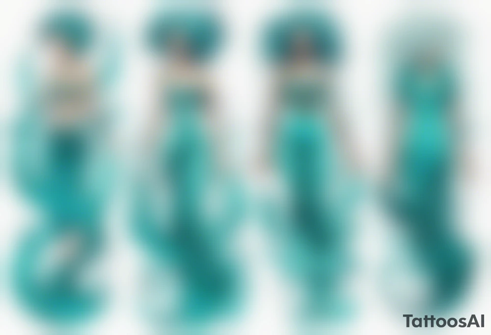 a tall woman made of water with turquoise hair surrounded by waves tattoo idea