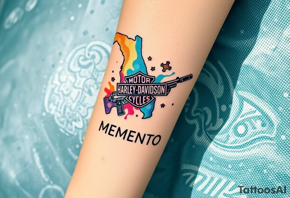 colorful futuristic memory tattoo for passed boyfriend; Florida, gulf coast water, Harley Davidson, skateboarding, puzzle pieces, video games, heaven, god, outdoors, guns, disc golf, words "MEMENTO MORI" tattoo idea
