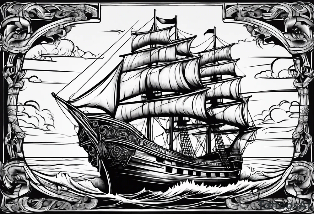 large wooden ship facing right tattoo idea
