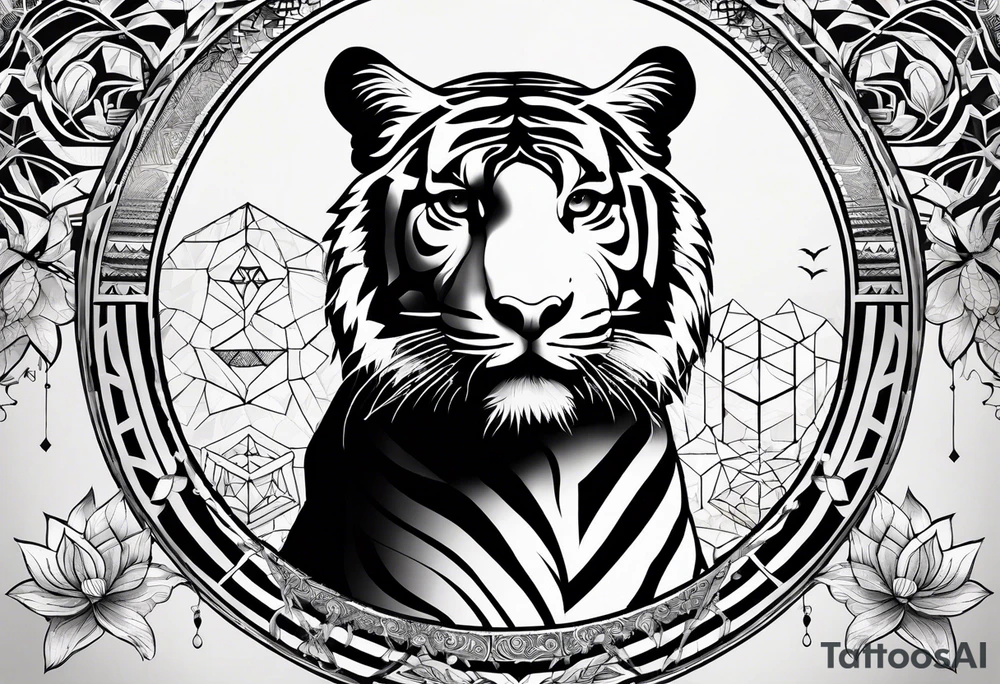 Tiger silhouette with sacred geometry and shapes. Tree of Life growing through the tiger tattoo idea
