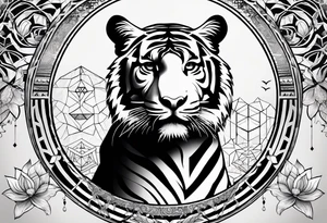 Tiger silhouette with sacred geometry and shapes. Tree of Life growing through the tiger tattoo idea