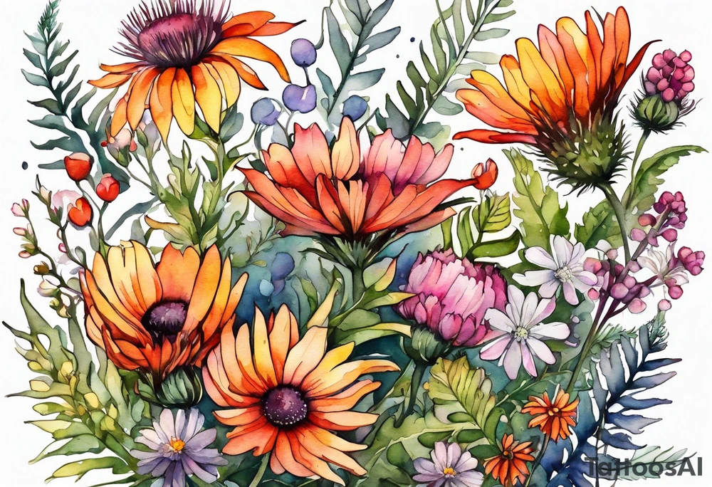 wildflowers with thistles, ferns, burnt orange flower, white flowers, pink flowers, red flowers and yellow flowers all in watercolor tattoo idea