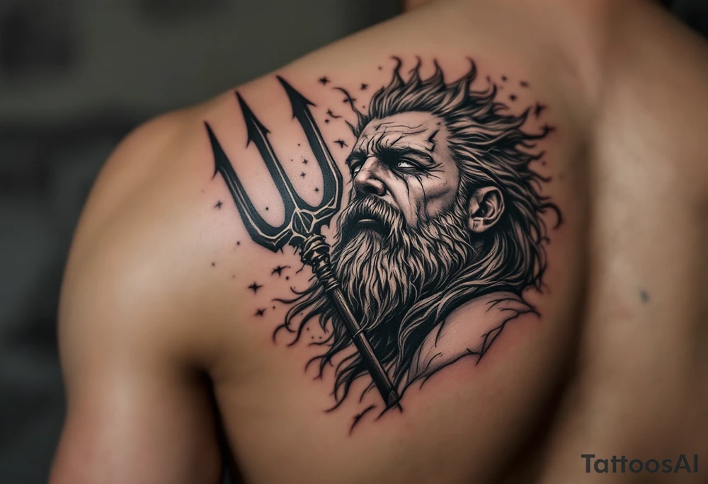 crying poseidon, behind a trident, looking at the sky tattoo idea