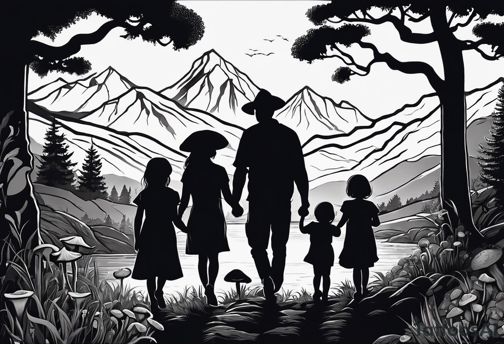 Family silhouette with a father, a mother, older son, older daughter, and small daughter foraging mushrooms with mountains and creek in background tattoo idea