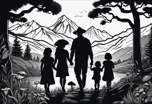 Family silhouette with a father, a mother, older son, older daughter, and small daughter foraging mushrooms with mountains and creek in background tattoo idea