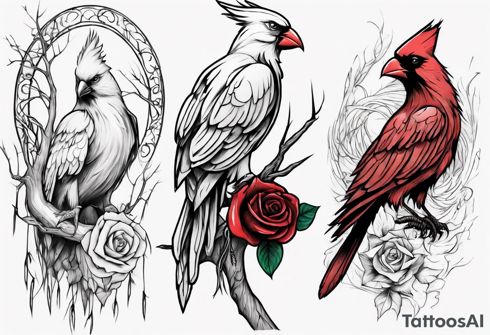 A full sleeve Willow tree with a cardinal holding a rose and a eagle tattoo idea