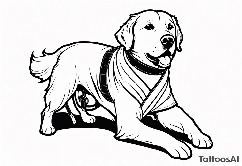 a golden retriever in a jujitsu gi including belt full body view tattoo idea