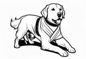 a golden retriever in a jujitsu gi including belt full body view tattoo idea