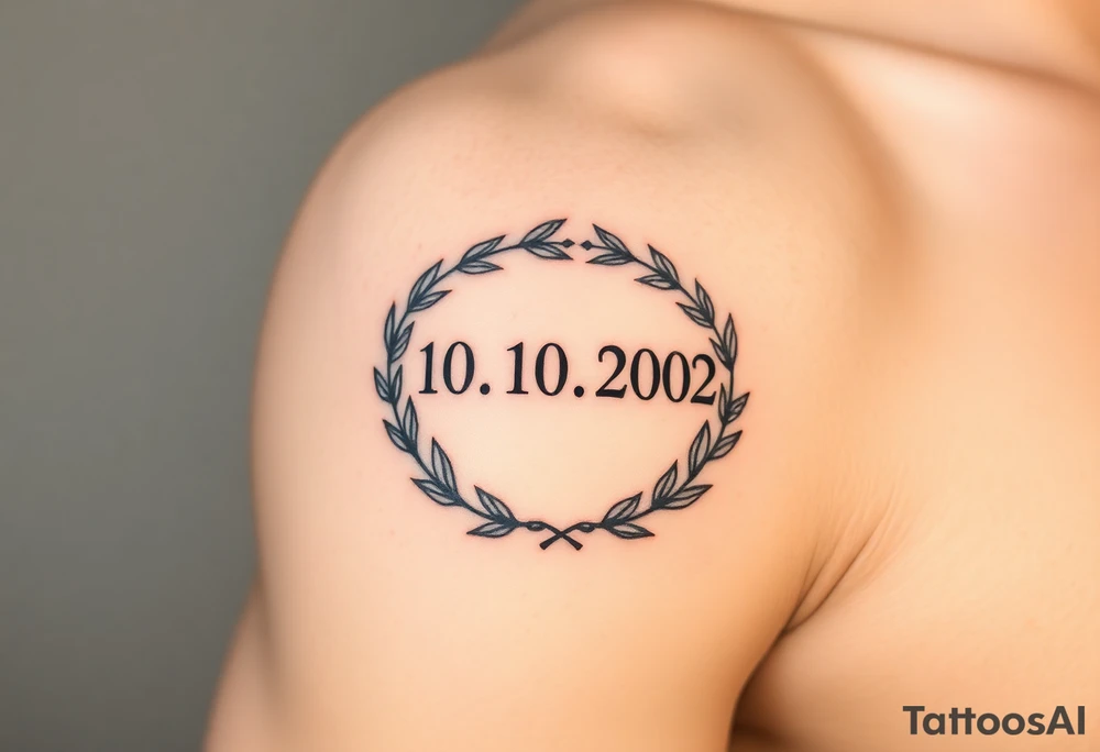 roman numerals (10.10.2002) in laurel crown in an ancient roman styles tattoo idea