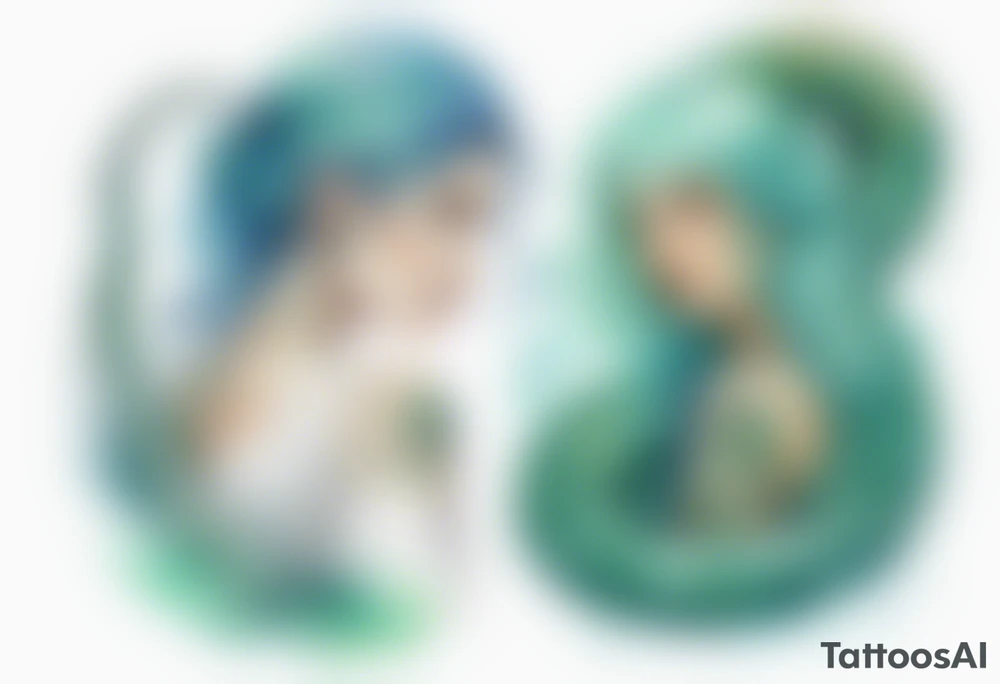 a watercolor of a sea serpent next to a woman with blue-green hair wearing a white tunic tattoo idea