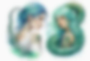 a watercolor of a sea serpent next to a woman with blue-green hair wearing a white tunic tattoo idea