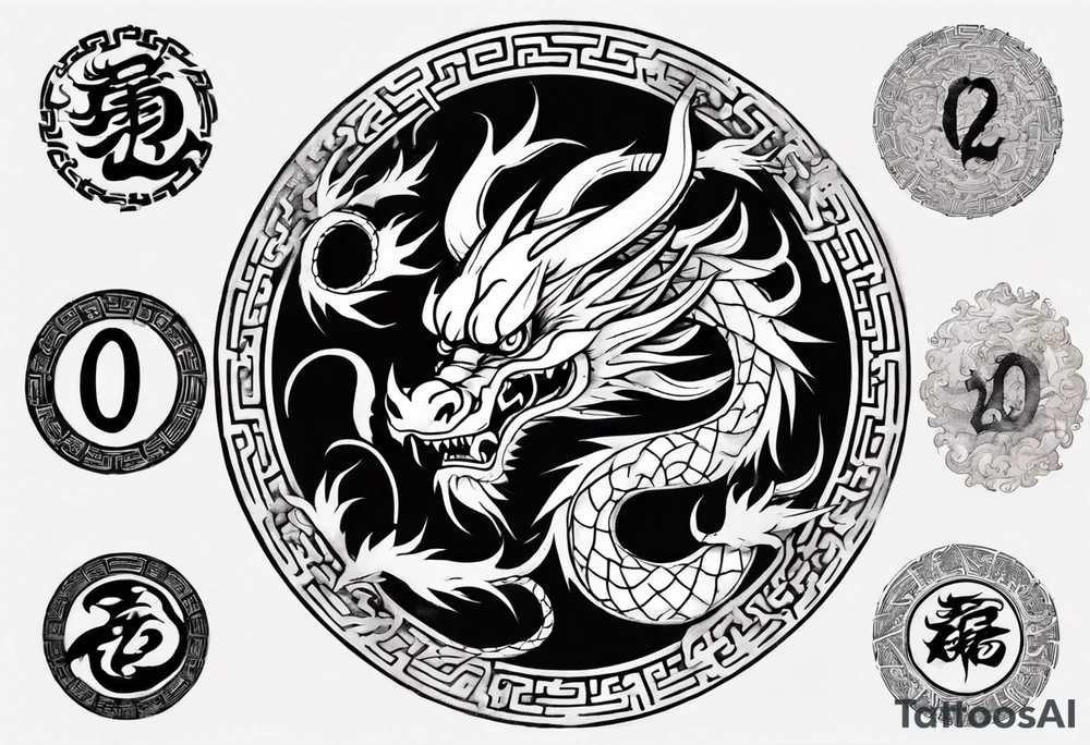 Chinese dragon in a circular shape with "02.03" written on its skin tattoo idea