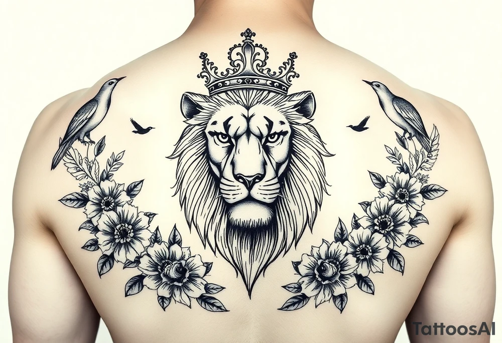 powerful majestic lion with a crown, surrounded by floral ornaments and birds tattoo idea