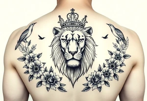 powerful majestic lion with a crown, surrounded by floral ornaments and birds tattoo idea